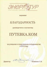 Диплом от туроператора Энерготур